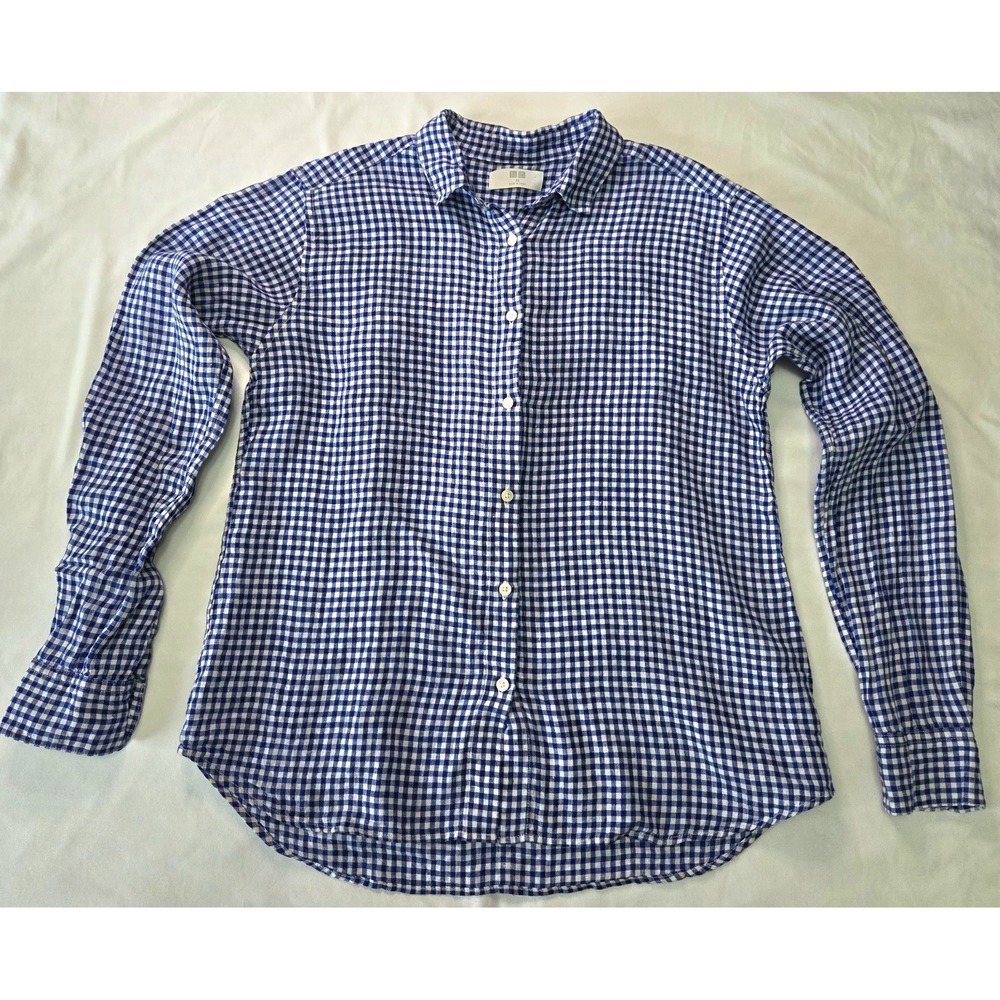 Uniqlo Women XS Linen LS Gingham Button-Down Classic Minimalist Casual Coastal